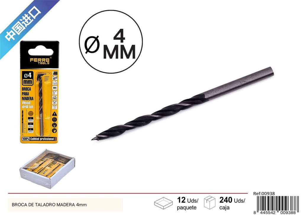 Broca para taladro de madera 4mm para carpintería