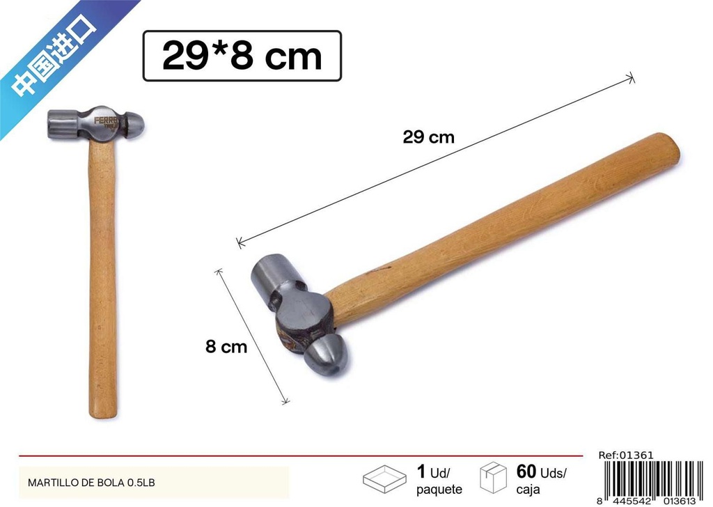 Martillo de bola 0.5 lb con mango de madera - Herramientas de ferretería