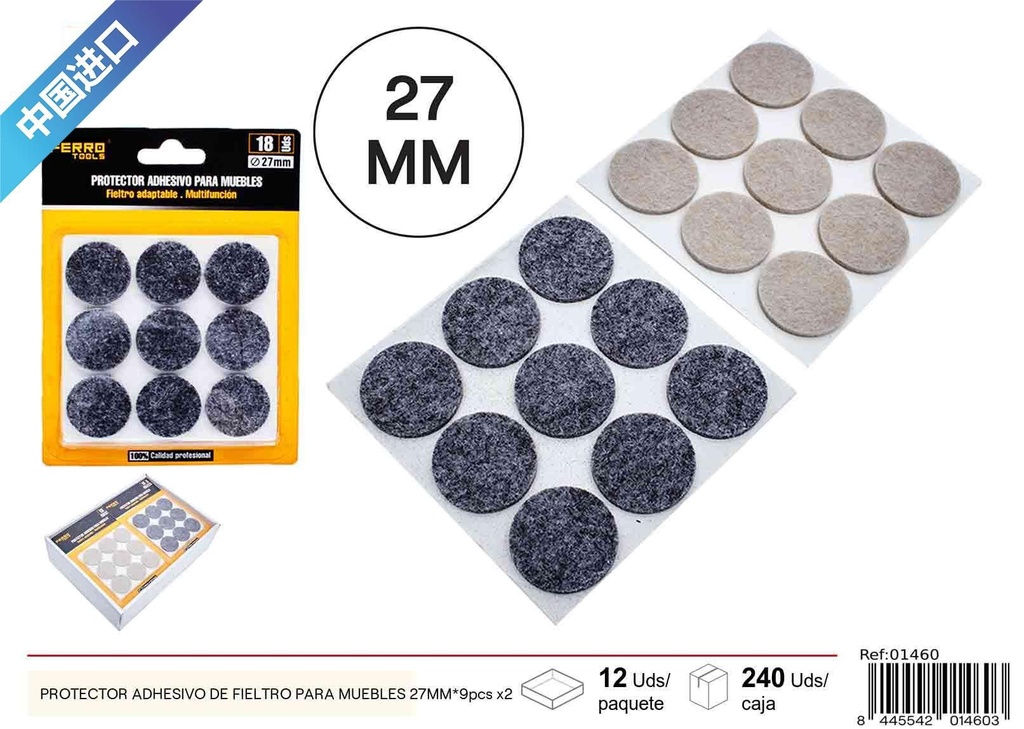 Protector adhesivo de fieltro redondo para muebles 27MM - 9 pcs x2, material para muebles