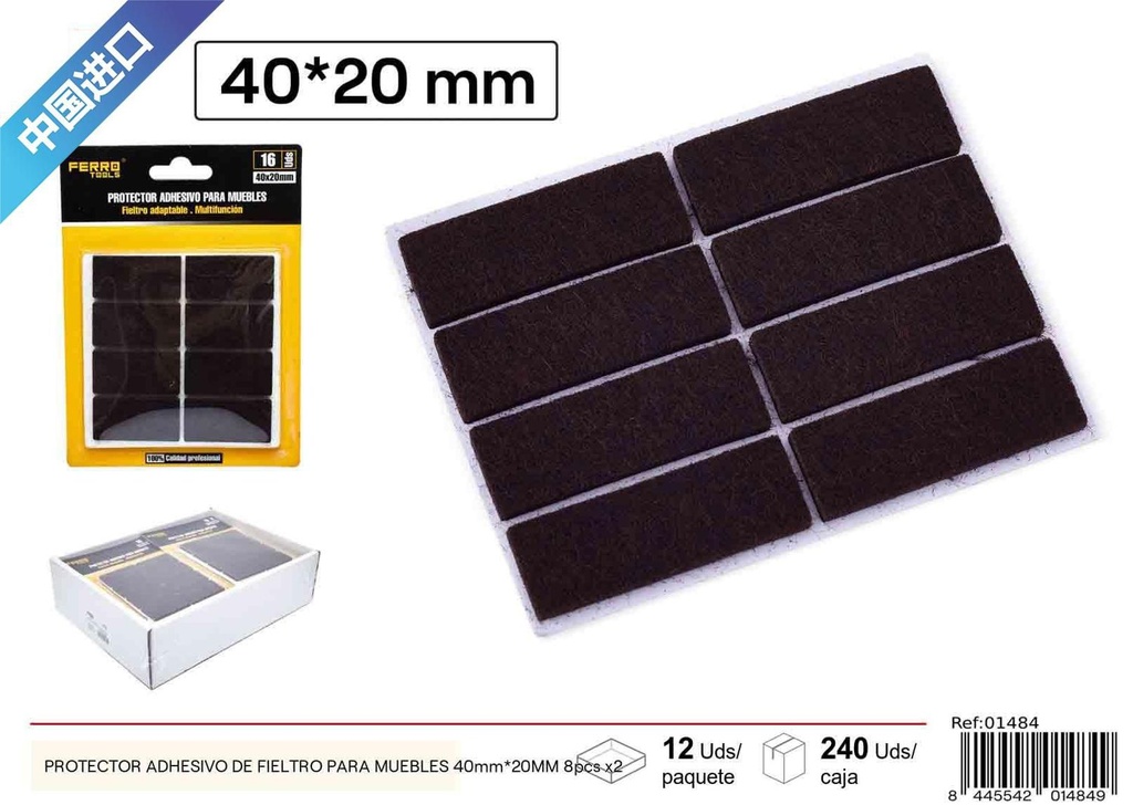 Protector adhesivo de fieltro rectangular para muebles 40 x 20MM - 8 pcs x2, marrón, material para muebles