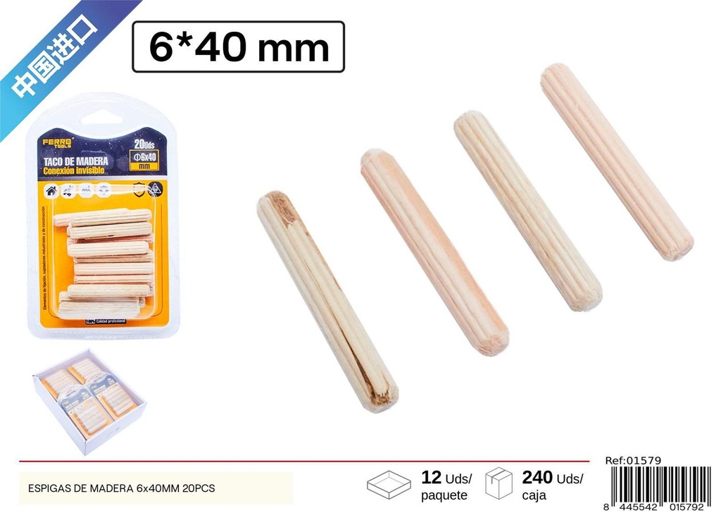 Espigas de madera 6x40mm 20pcs para carpintería y ensamblaje