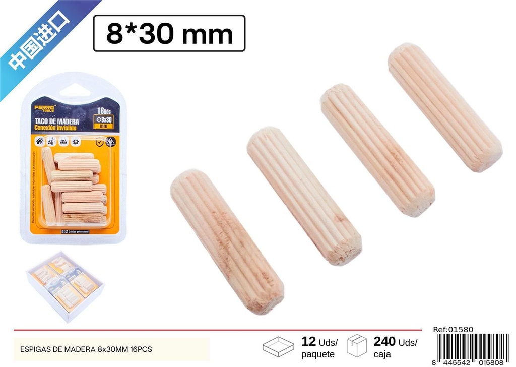 Espigas de madera 8x30mm 16PCS - Accesorios para muebles