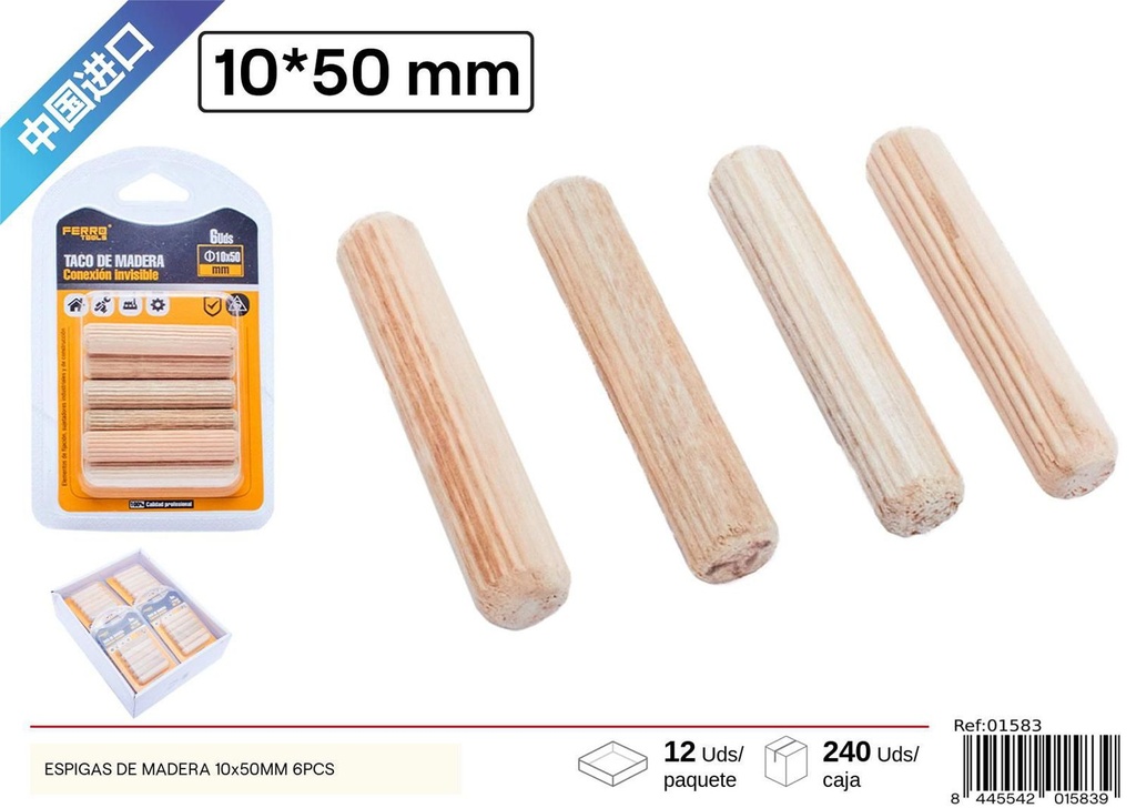 Espigas de madera 10x50mm 6pcs