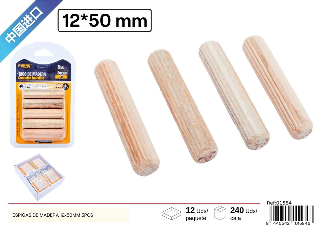 Espigas de madera 12x50mm 5pcs para carpintería