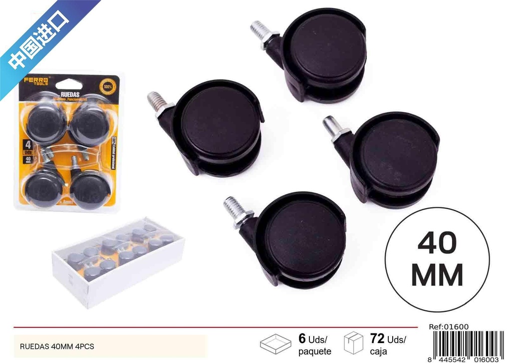 Ruedas de plástico con tornillo 40mm 4 piezas - Ferretería y accesorios