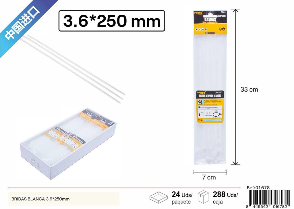 Bridas blancas de nylon 3.6x250mm 25 uds