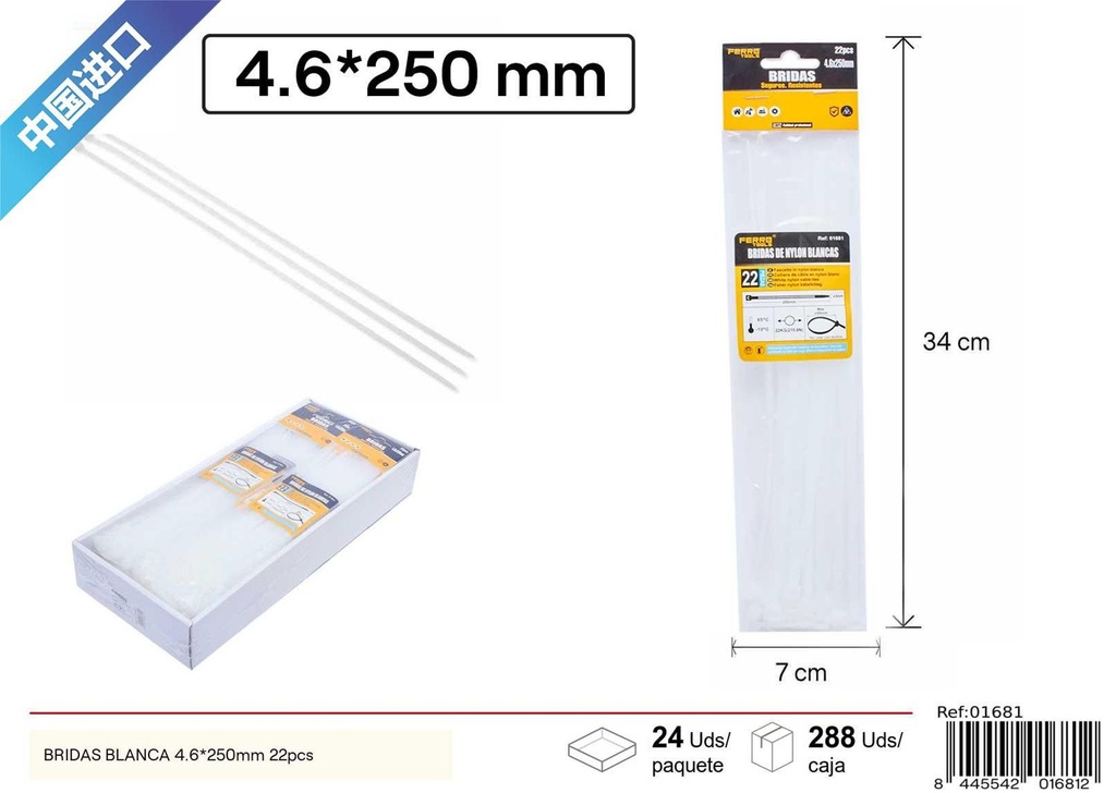 Bridas blancas de nylon 4.6*250mm 22 uds para sujeción