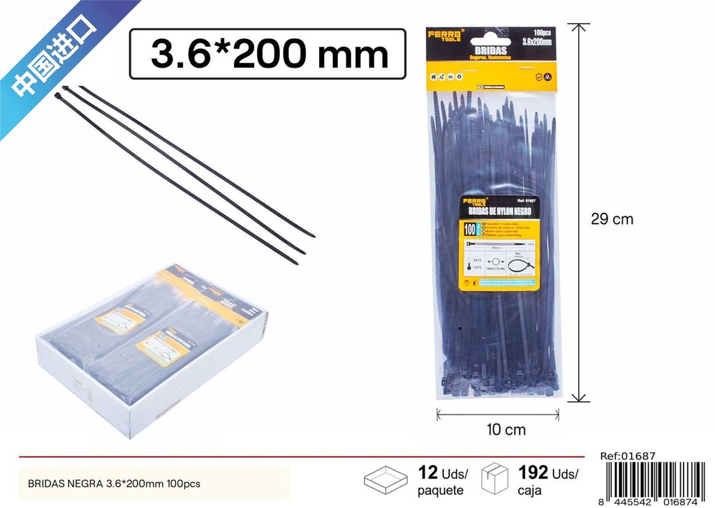 Bridas negras 100 uds 3.6*200mm - Herramientas de ferretería