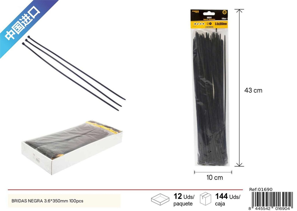 Bridas negras 100 pcs 3.6*350 mm - Accesorios de ferretería