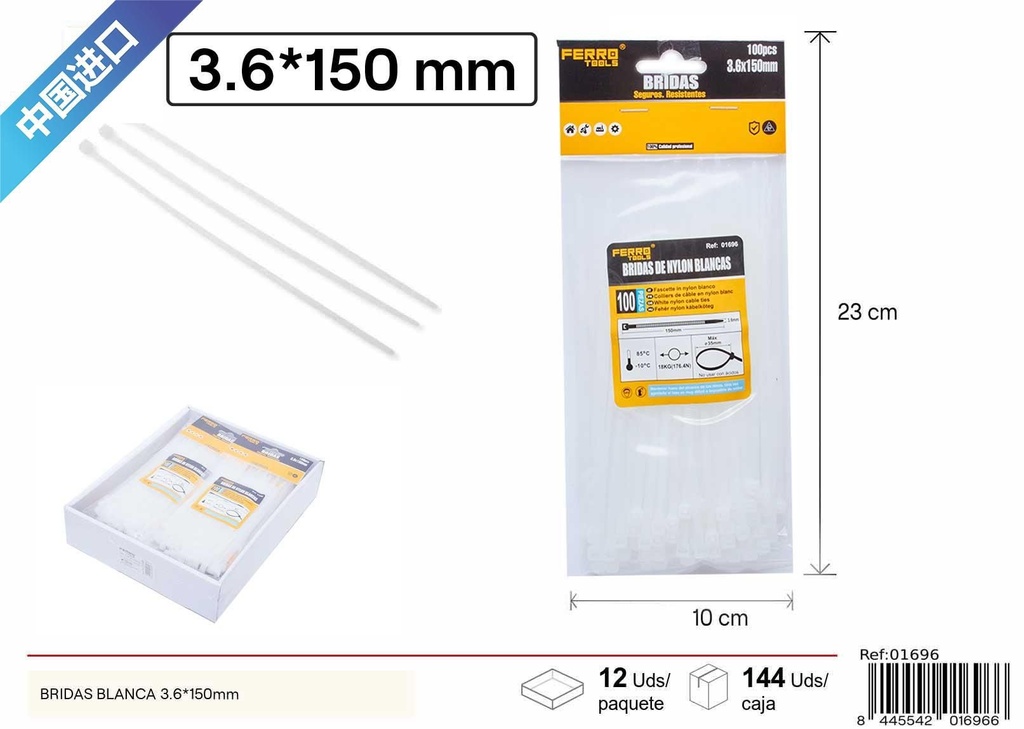 Bridas blancas 3.6*150mm 100 uds - Herramientas de ferretería