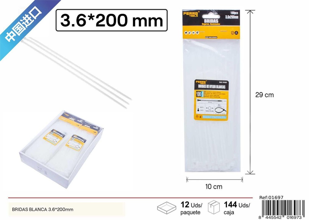 Bridas blancas 100 uds 3.6*200mm - Herramientas de ferretería