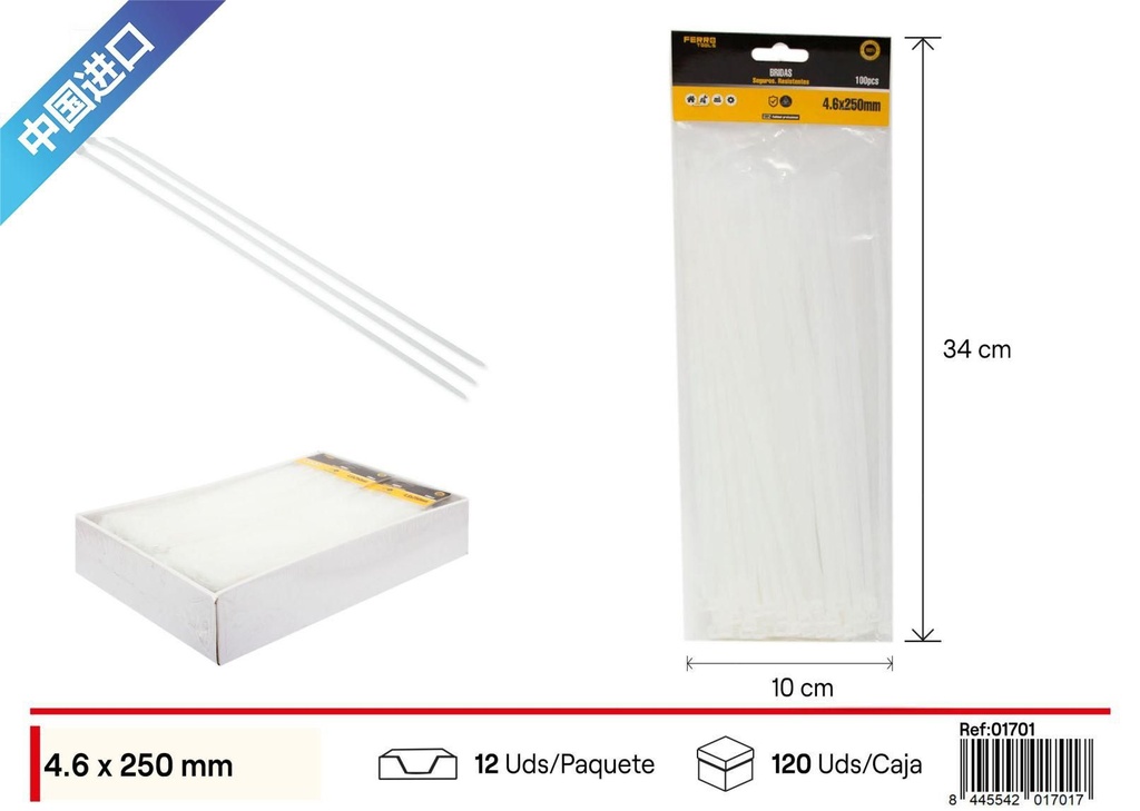 Bandas de nylon blancas (100 pcs) 4.6x250mm - Ferretería