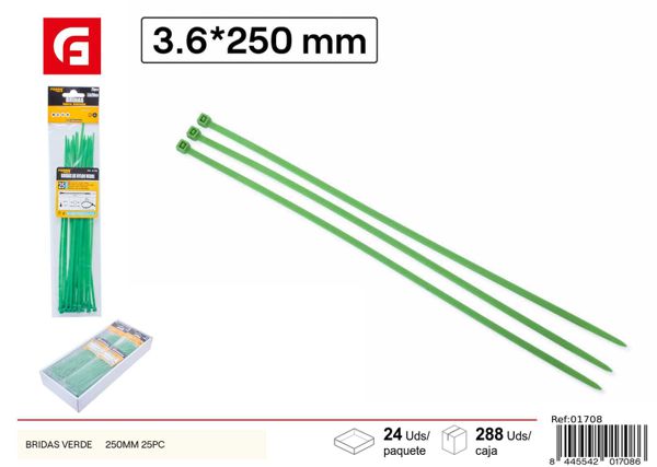 Bridas verdes 3.6x250mm 25 piezas para sujeción