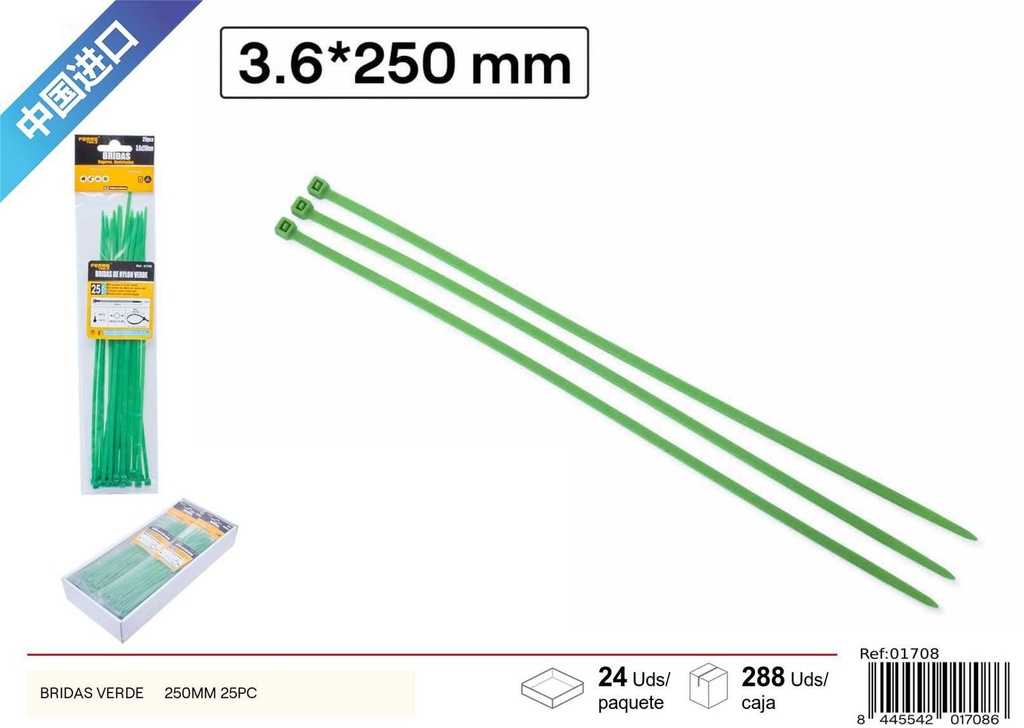 Bridas verdes 3.6x250mm 25 piezas para sujeción