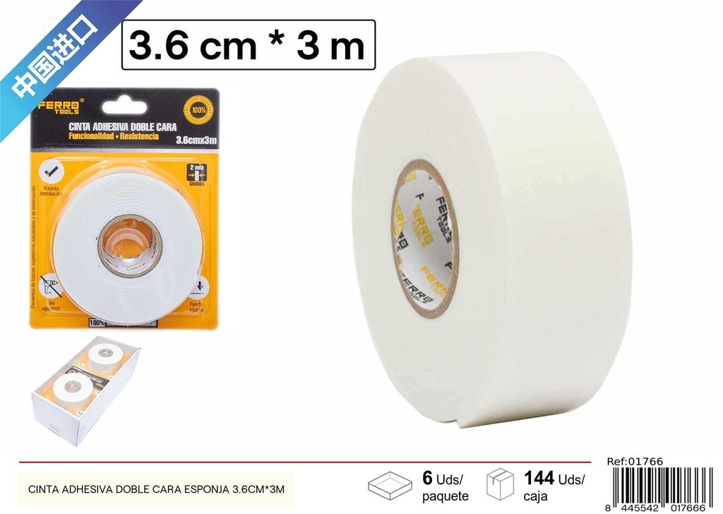 Cinta adhesiva doble cara esponja 3.6cm x 3m para bricolaje