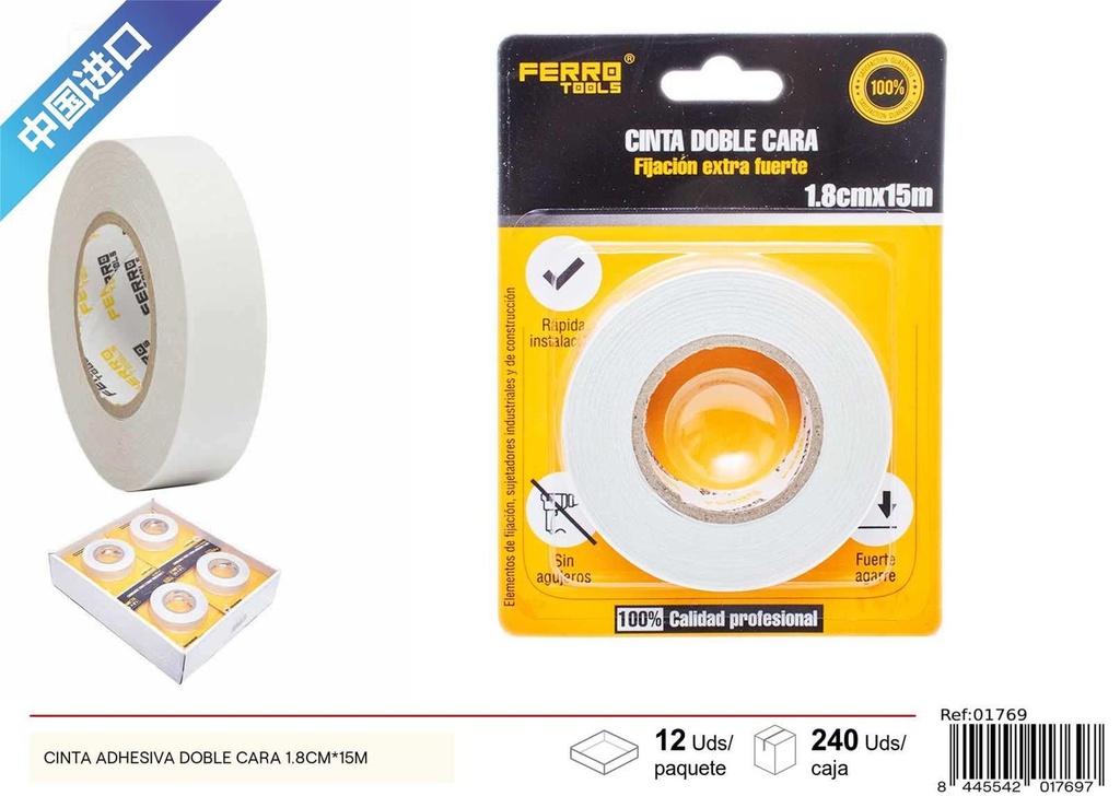 Cinta adhesiva doble cara 1.8cmx15m para manualidades y reparaciones