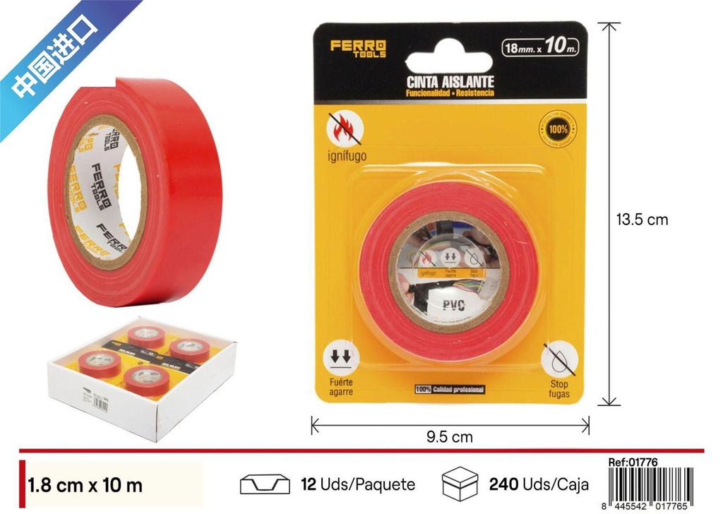 Cinta aislante roja 18mm*10M - Herramientas de ferretería