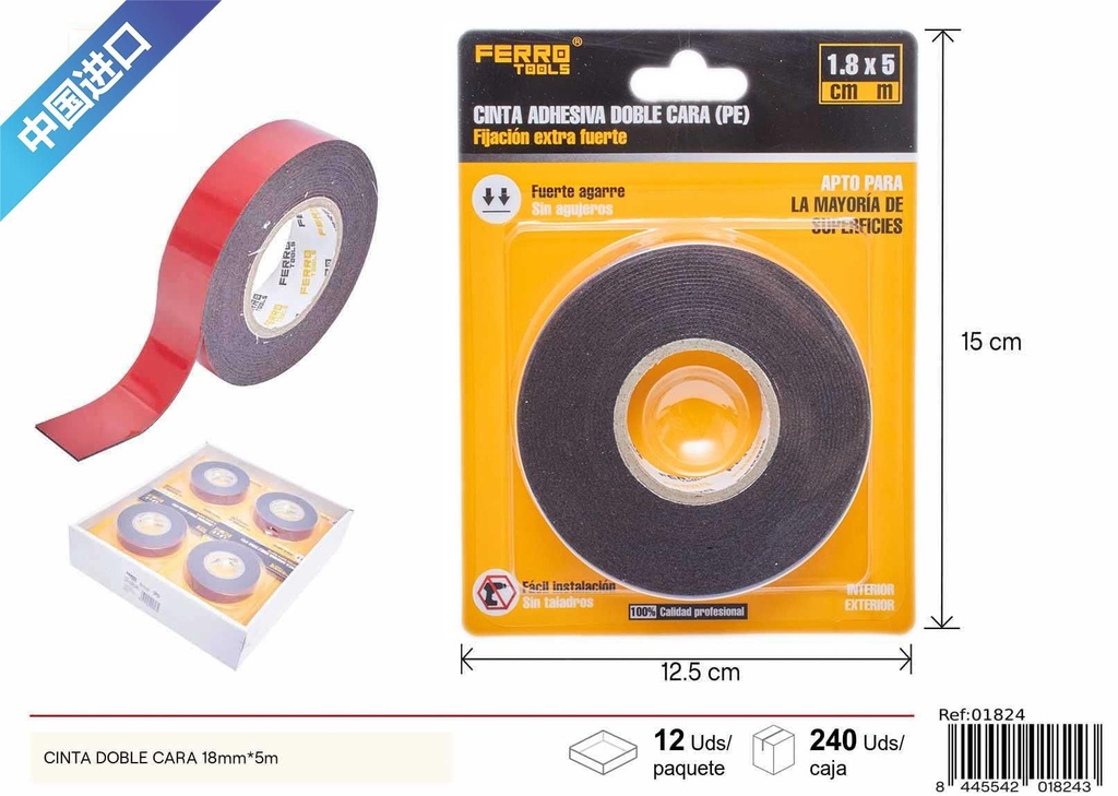 Adhesivo doble cara PE rojo con espuma negra 1 mm de grosor 18mm*5m - Herramientas de ferretería