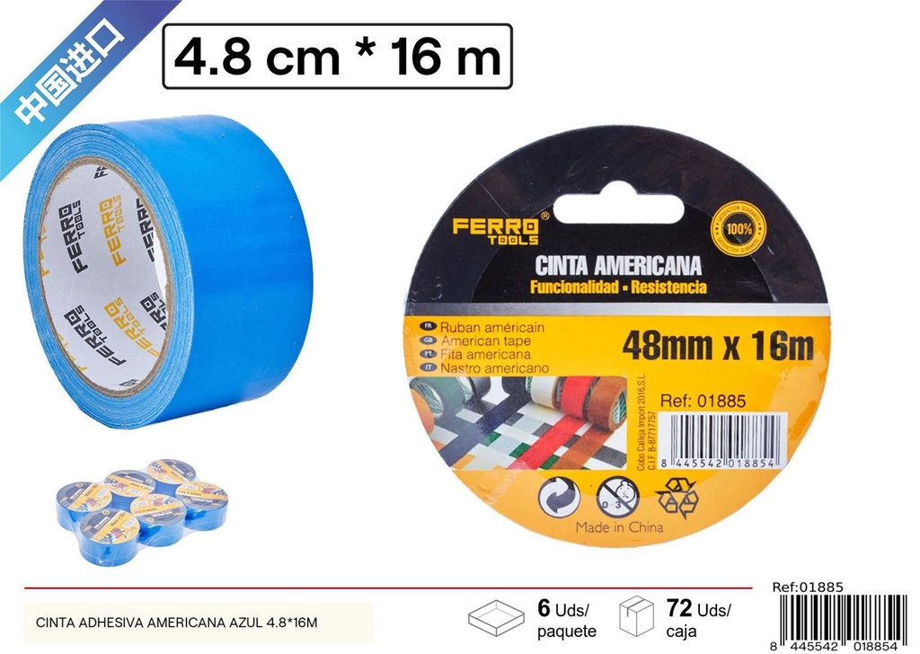 Cinta adhesiva americana azul 4.8x16m para reparaciones y bricolaje