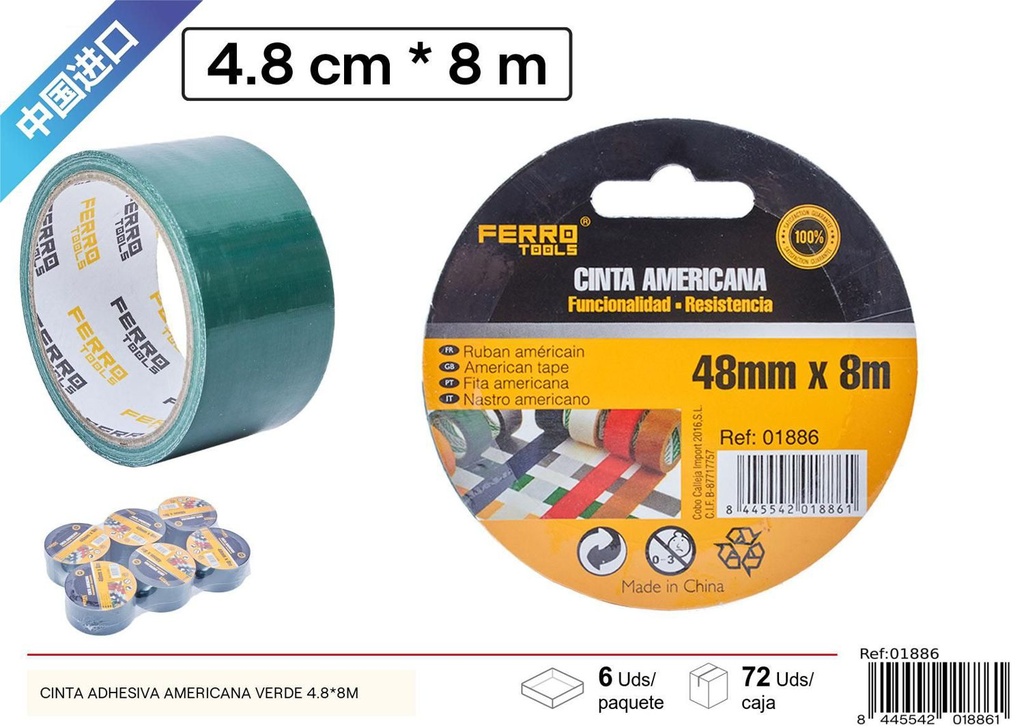 Cinta adhesiva americana verde 4.8x8m para reparaciones