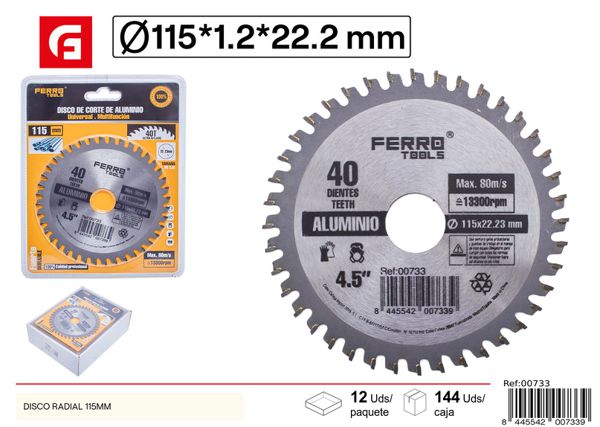 Disco de corte para aluminio y metal 115mm para herramientas de ferretería