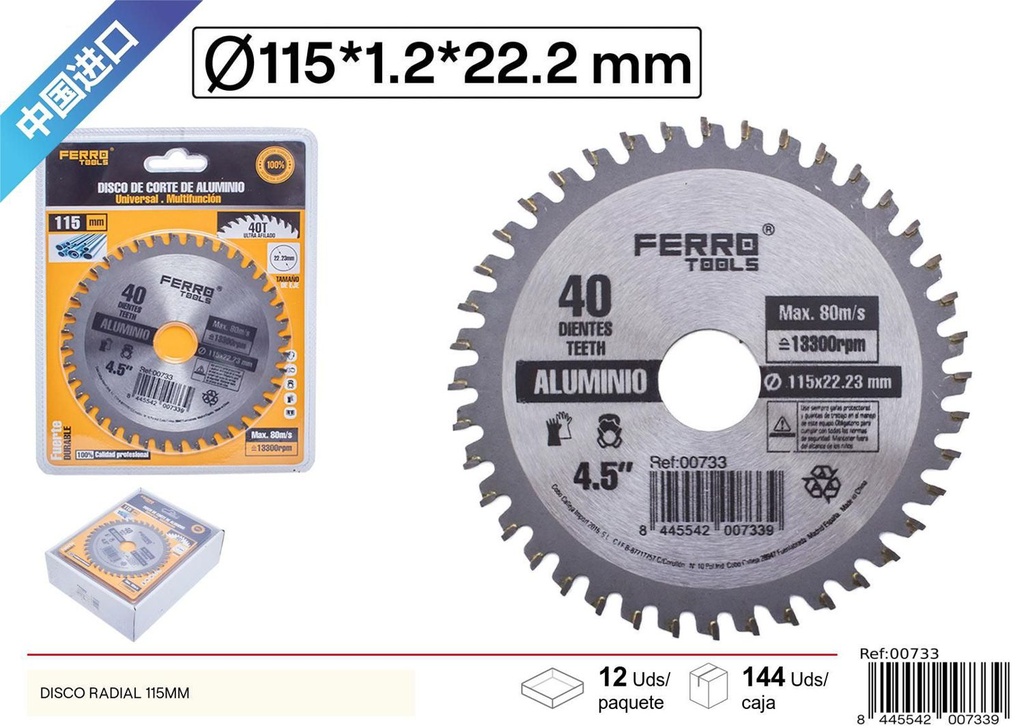 Disco de corte para aluminio y metal 115mm para herramientas de ferretería