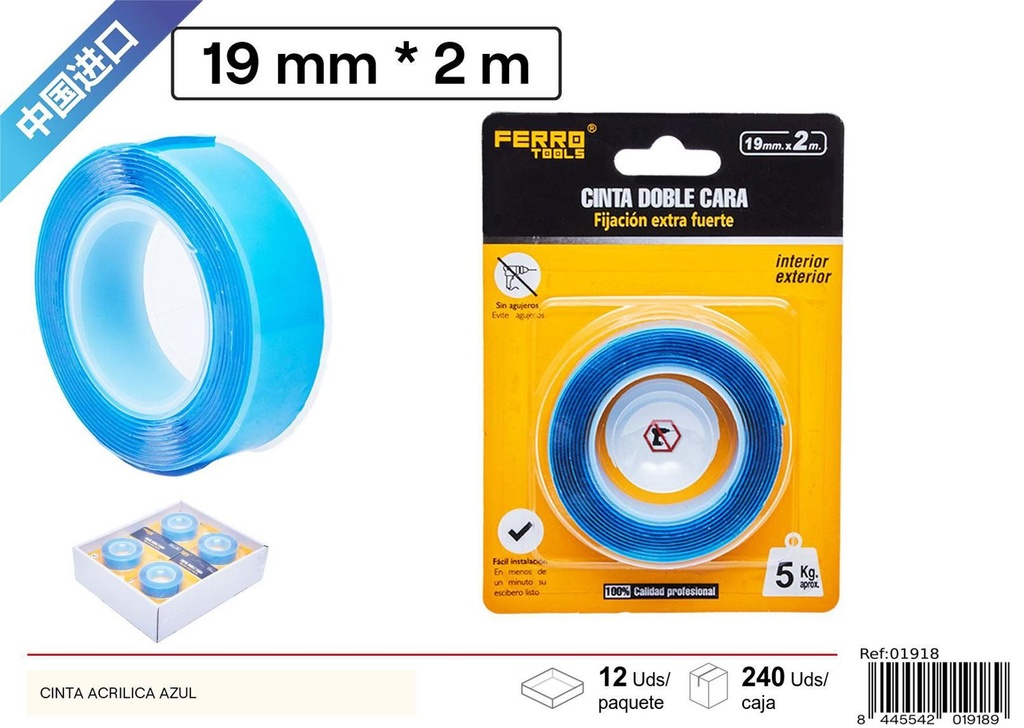 Cinta acrílica azul 1.9cm*2m*0.9mm para manualidades y reparaciones