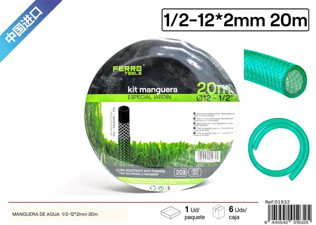 Manguera de agua 1/2-12x2mm 20m para riego