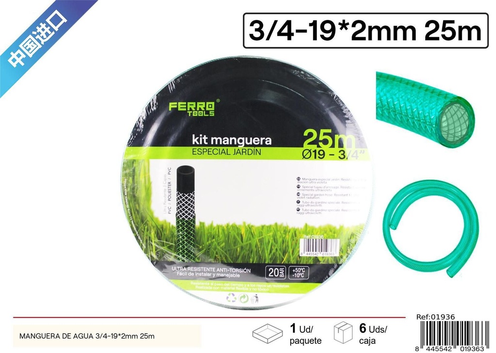 Manguera de agua negra PVC 3/4-19x2mm 25m para riego