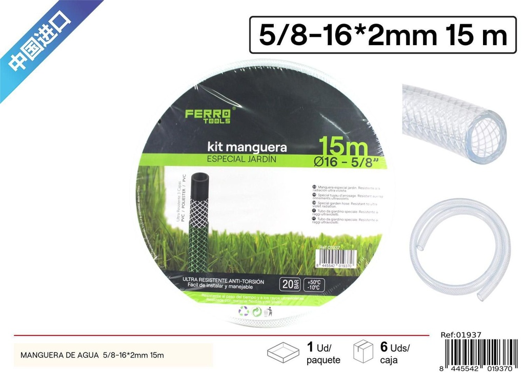 Manguera de agua PVC transparente 5/8-16*2mm 15m para jardín