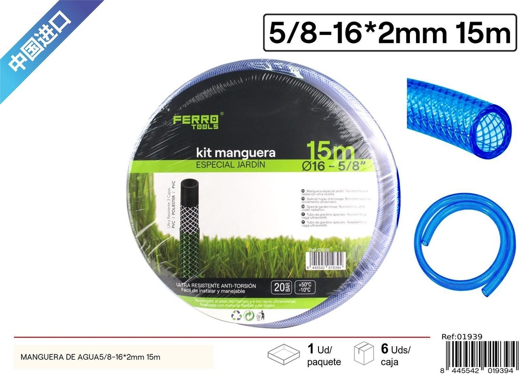 Manguera de agua 5/8-16*2mm 15m - Accesorios de jardín