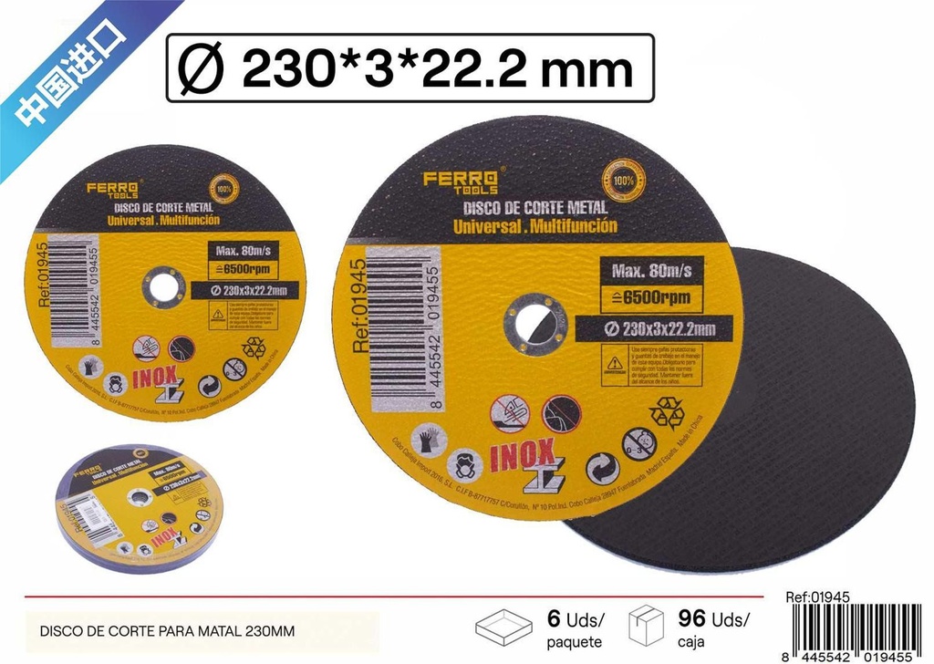 Disco de corte para inox 230*3*22.23 mm - Herramientas para corte