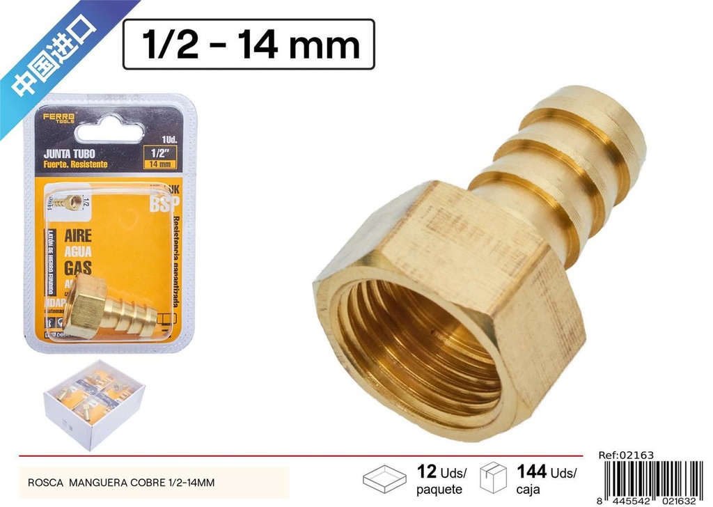 Conector de manguera de cobre 1/2-14mm para fontanería