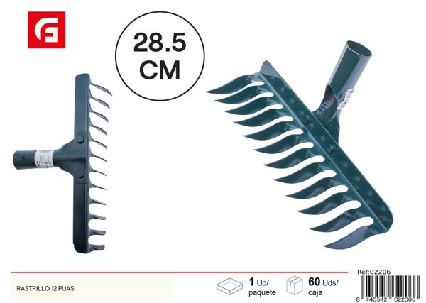 Rastrillo de jardín 12 púas para mantenimiento de plantas
