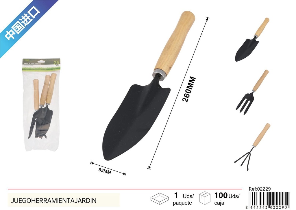 Juego de herramientas de jardín 3 piezas con mango de madera - Jardinería