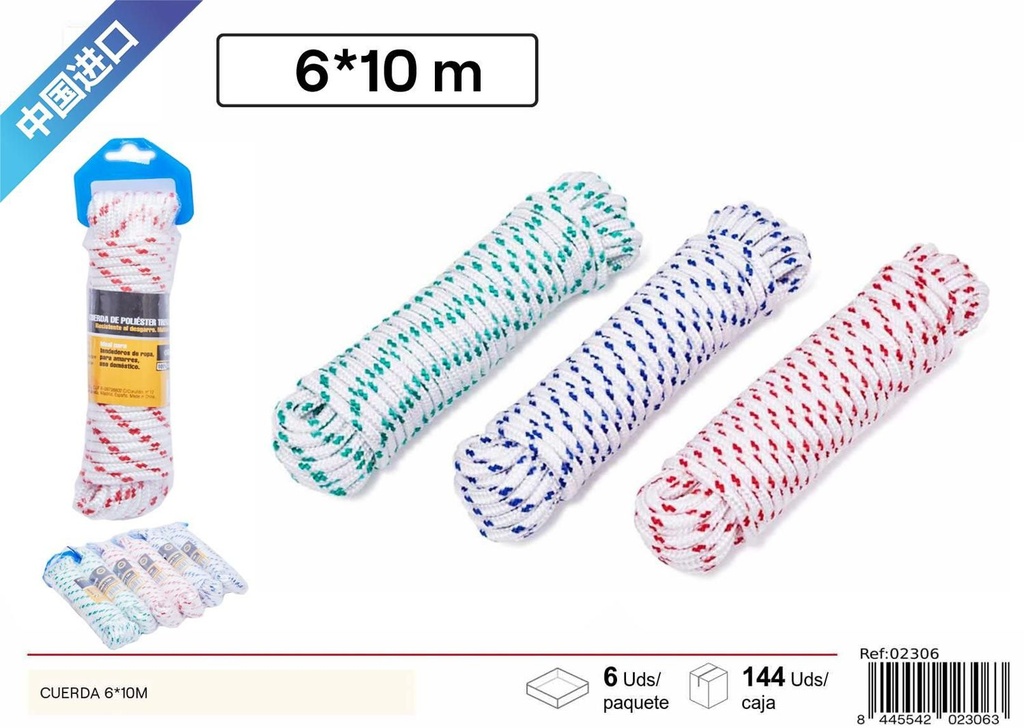 Cuerda de nylon trenzado blanco y azul 6x10m para múltiples usos