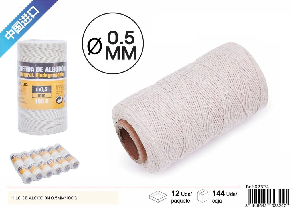 Hilo de algodón natural 0.5mm 100g para manualidades