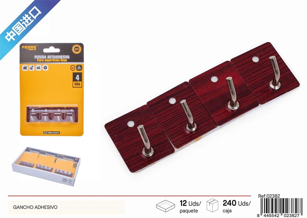 Gancho adhesivo de metal con diseño de madera 4 pcs - Ferretería y artículos de colgar
