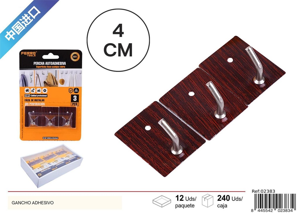 Ganchos adhesivos de acabado madera 3 piezas - Artículos de ferretería