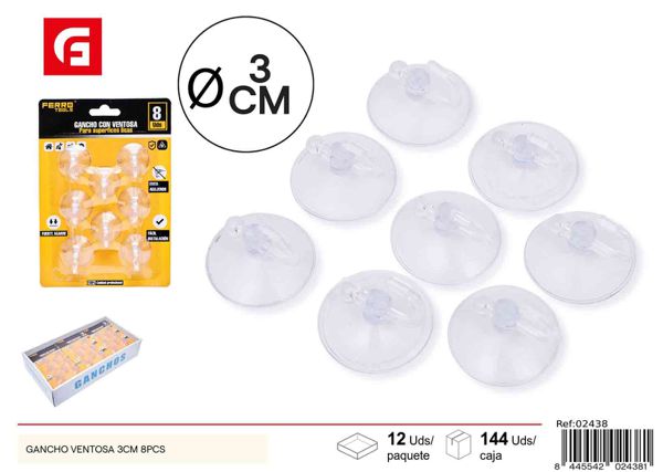 Gancho ventosa transparente 3cm 8pc para cocina y baño