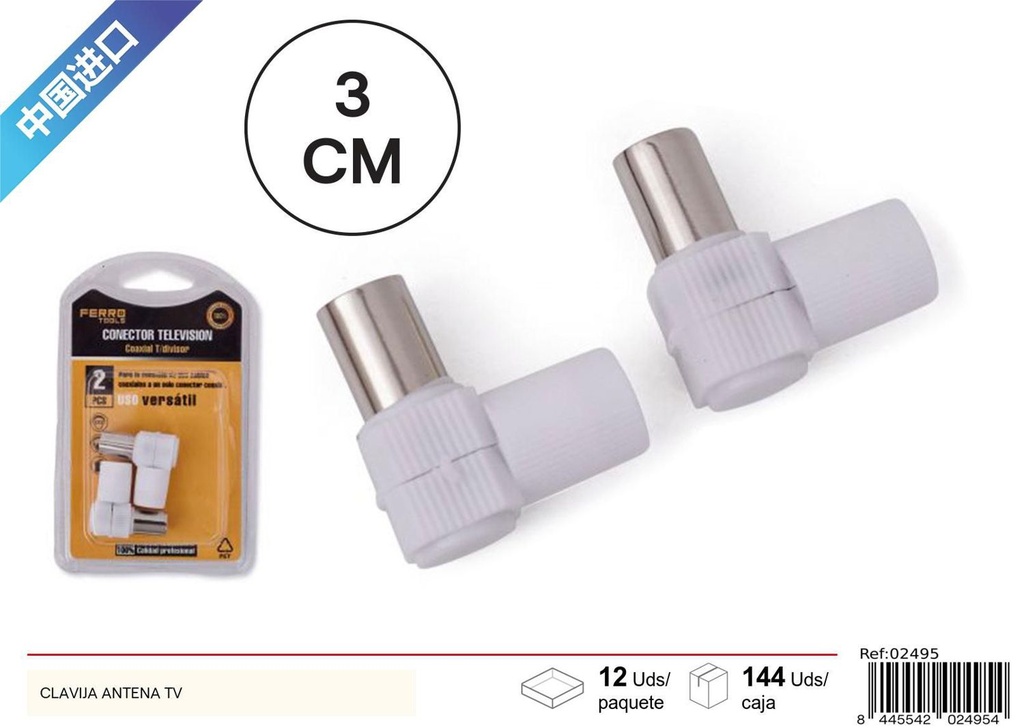 Conector coaxial 90° 2uds (macho-hembra) para TV y cableado