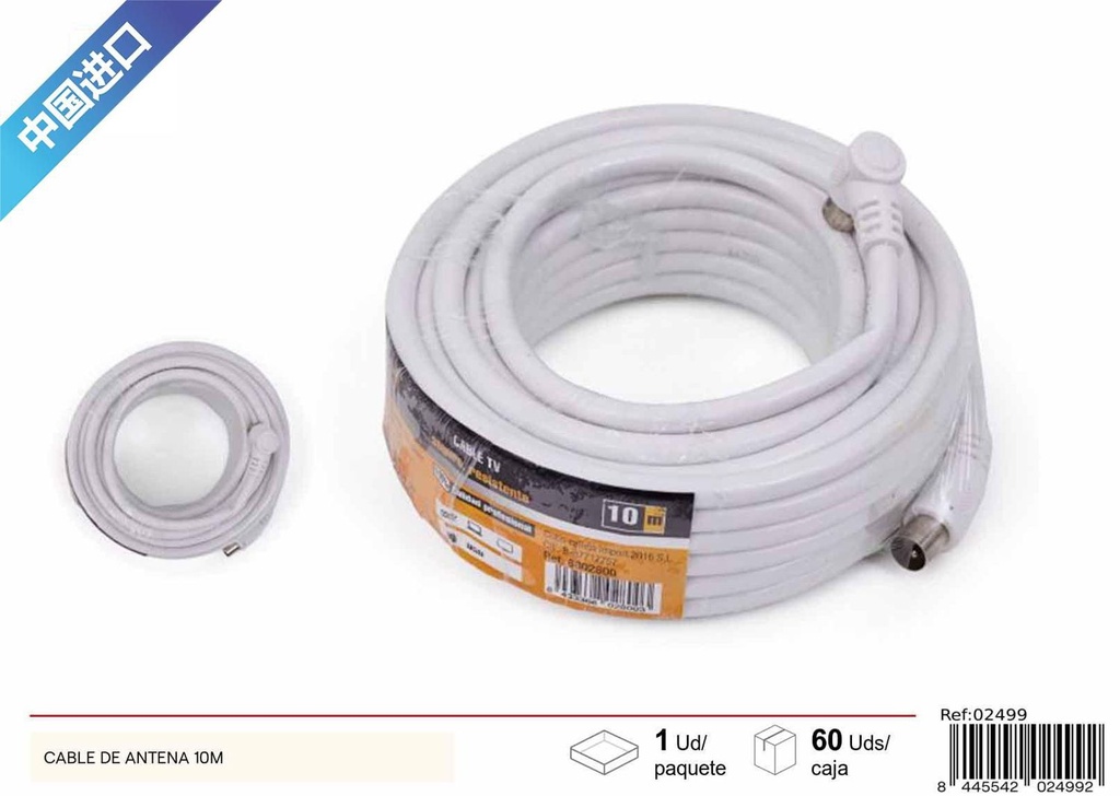 Cable de antena blanco 10m con conectores para televisión