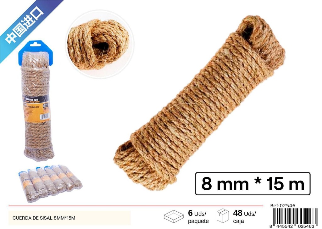 Cuerda de sisal 8mm x 15m para usos múltiples