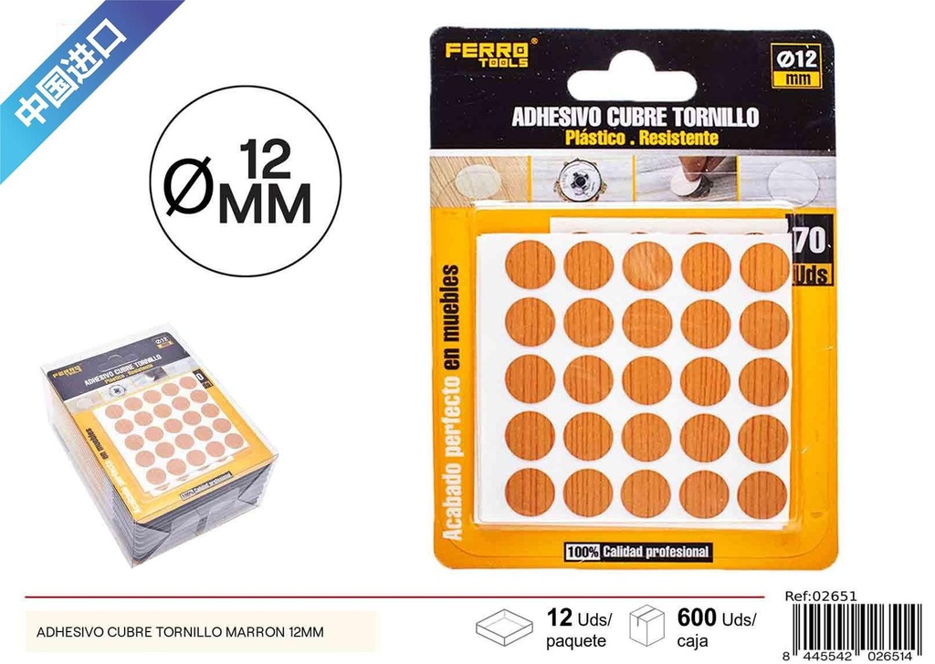 Adhesivo cubre tornillo marrón 12mm para muebles y bricolaje