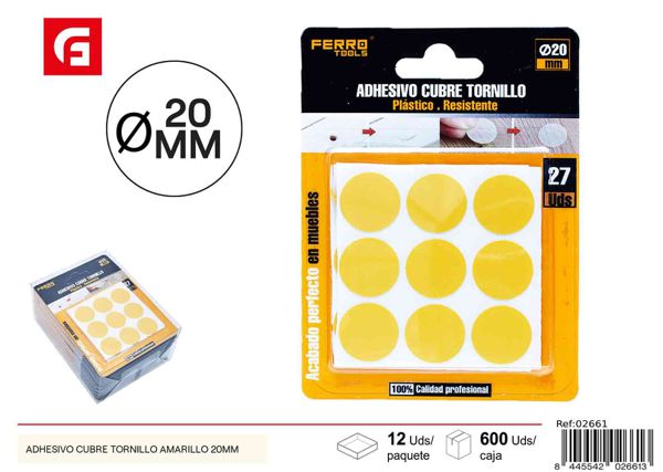 Adhesivo cubre tornillo amarillo 20mm para ferretería y muebles