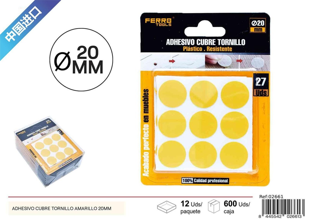 Adhesivo cubre tornillo amarillo 20mm para ferretería y muebles