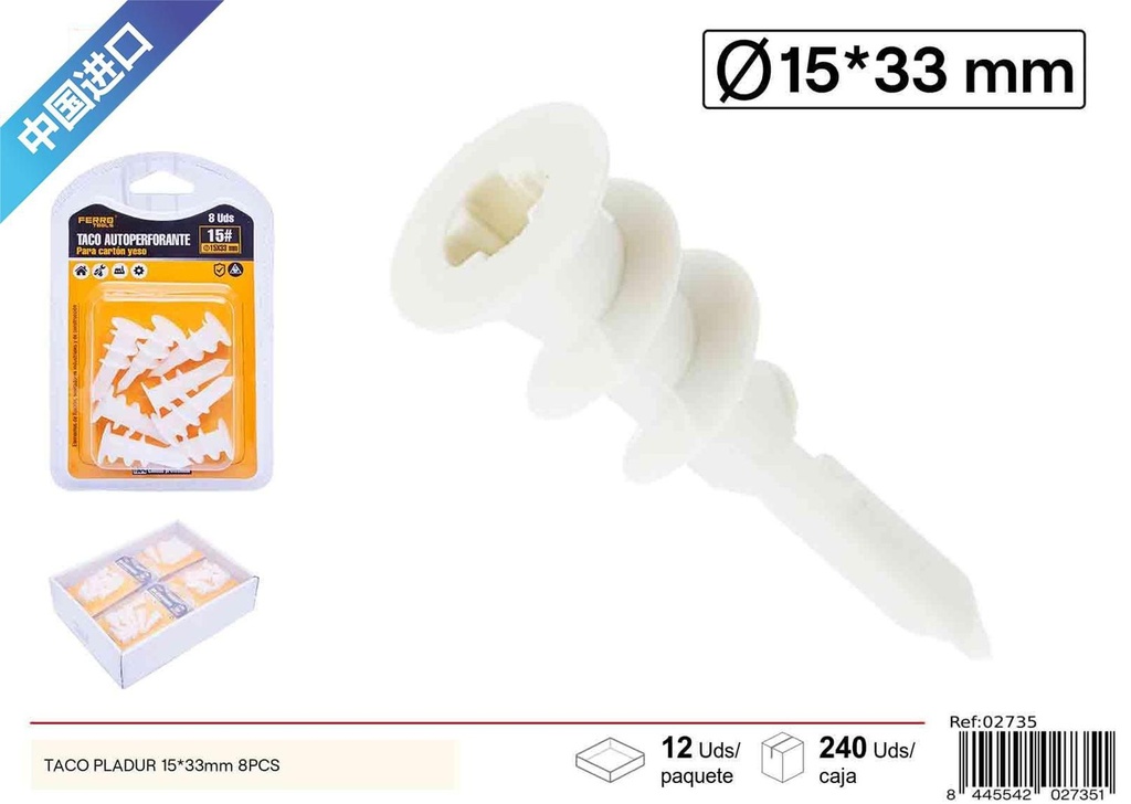 Taco Pladur blanco 15 x 33 mm 8 pcs - Accesorios de ferretería