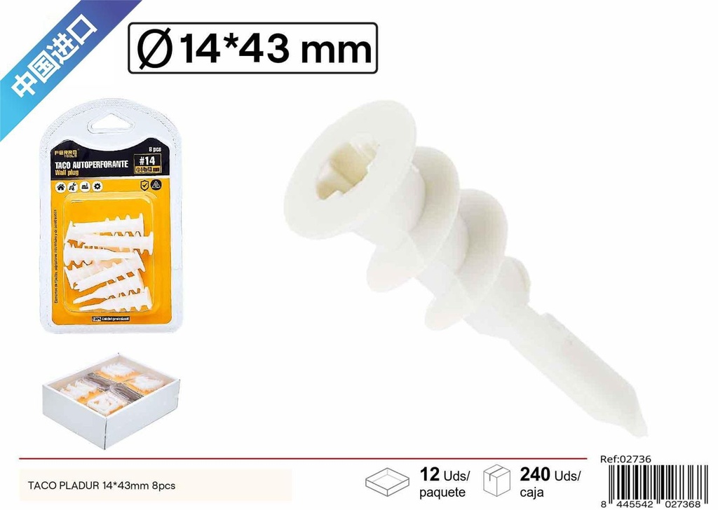 Taco Pladur 14 x 43 mm 8 pcs - Accesorios de ferretería