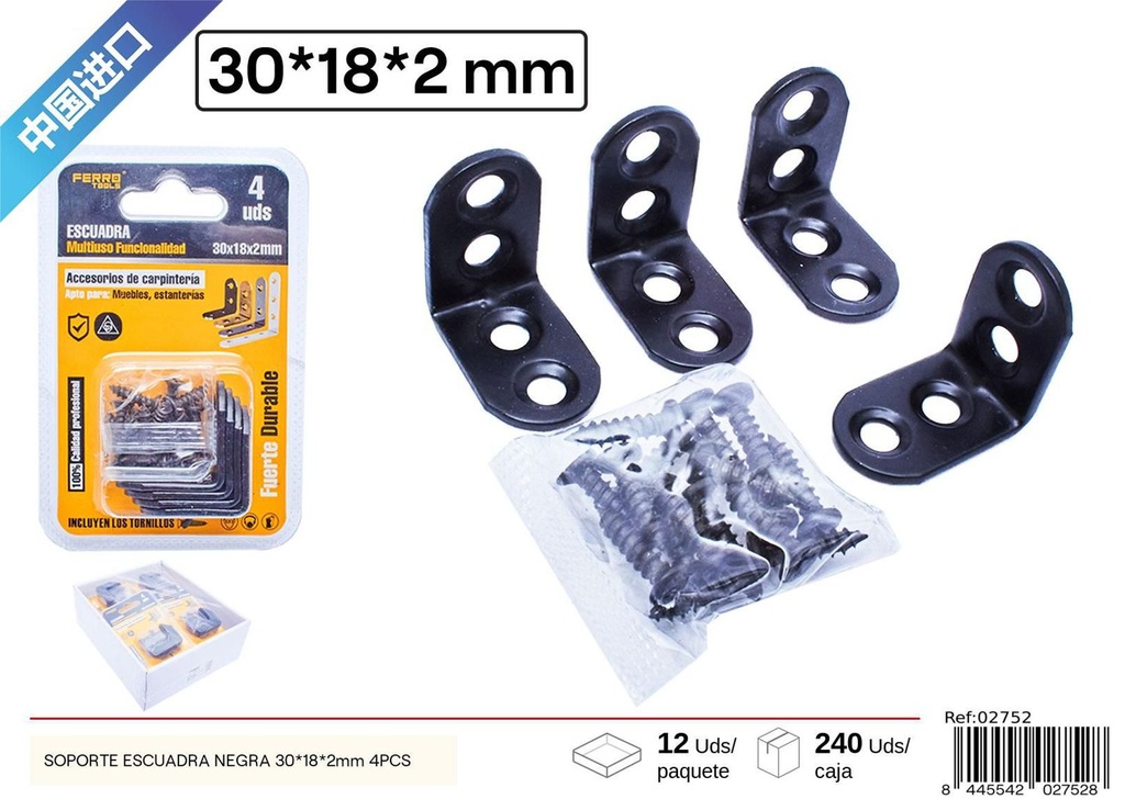Soporte escuadra negra 30*18*2 mm 4 piezas - Accesorios de ferretería