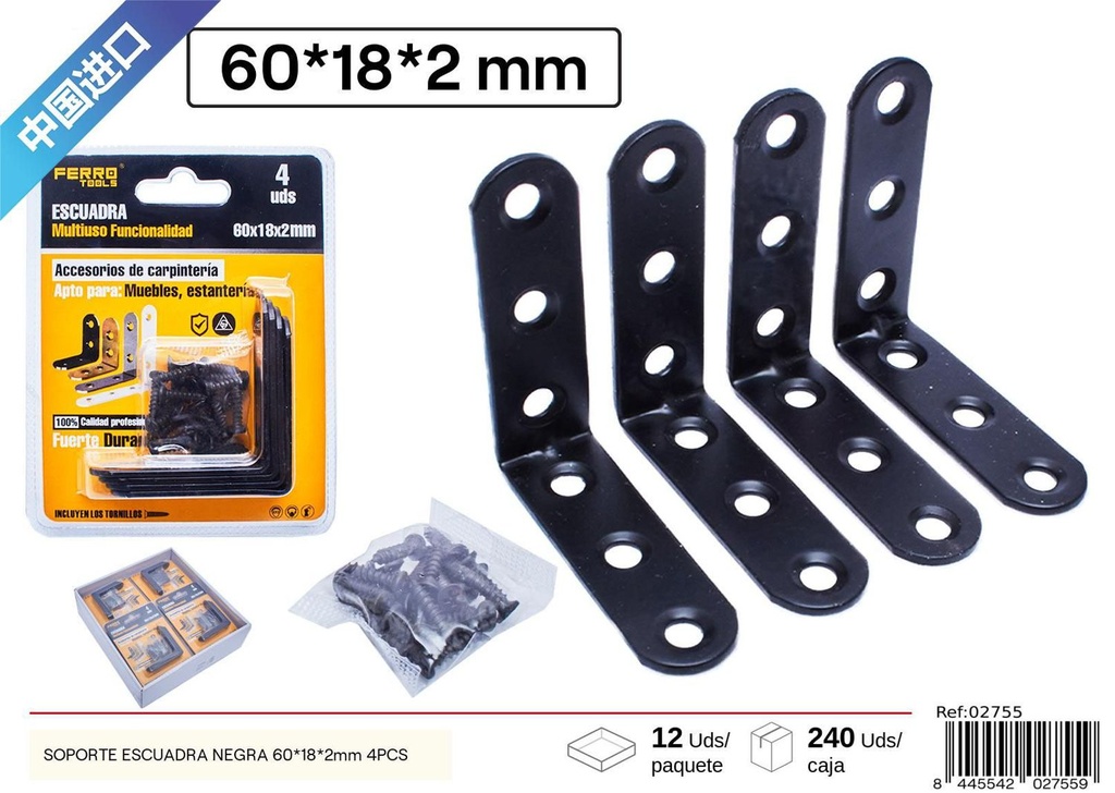Soporte escuadra negra 60 x 18 x 2 mm (4 pcs) - Accesorios de ferretería